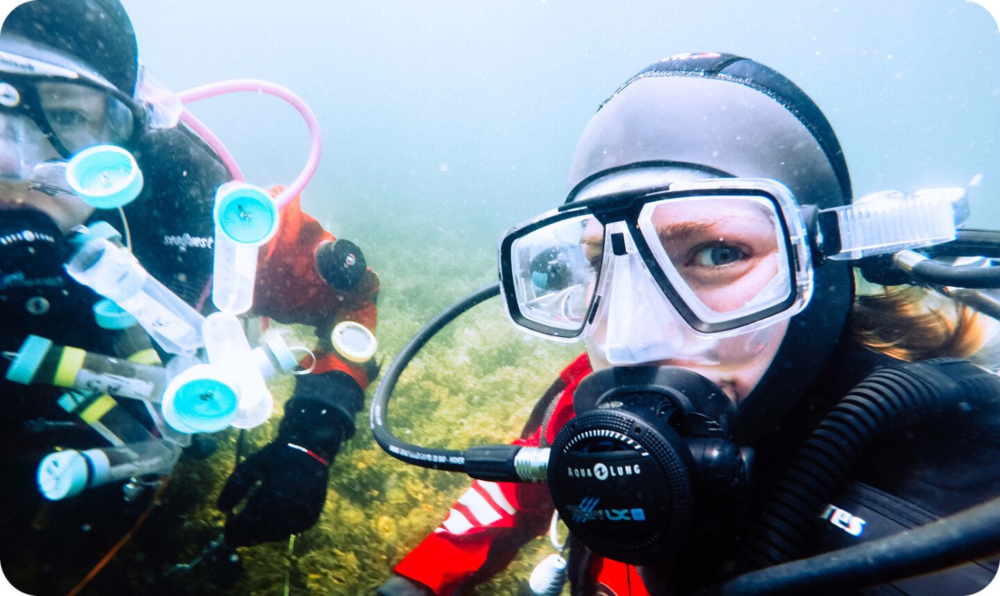 Two divers under water in full extension. The diver on the right is looking directly into the camera.